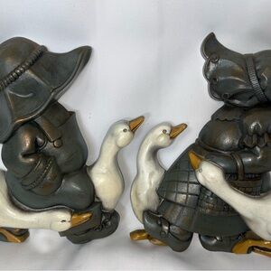 Vintage Burwood Girl & Bot Bronze and White Goose Wall Decor